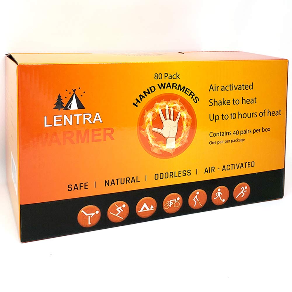 LENTRA hot hand warmers box shows 80-count pack delivering long-lasting, odorless warmth for outdoors.