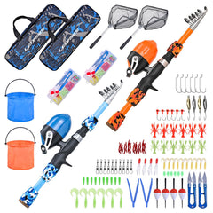 LEOFISHING 2set kids fishing pole blue cambos shown with starter kit for beginners