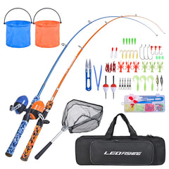 LEOFISHING kids fishing pole set in blue and orange with telescopic rod