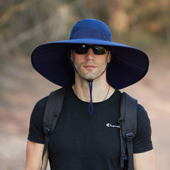 Leotruny navy hat side view highlighting adjustable chin drawstring for windy days.