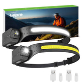 Lepro headlamp with rechargeable 1200mAh battery for extended outdoor use.