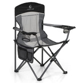 LET'S CAMP mesh-back chair folded for easy transport and storage.