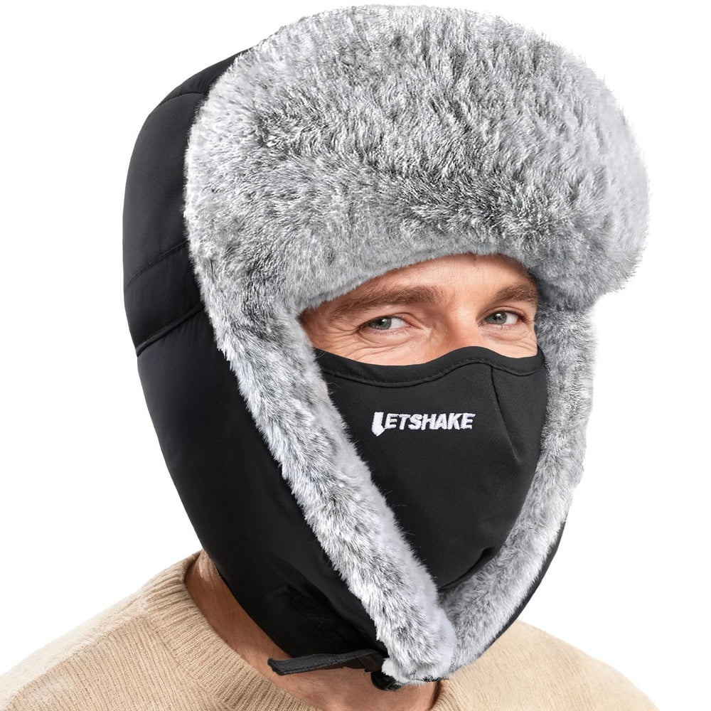 LETSHAKE winter trapper hat front view delivers full-head warmth for extreme cold.
