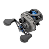Lew's American Hero Baitcast Reel with 95mm bowed aluminum handle and graphite frame in gray/black/blue
