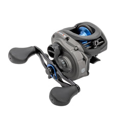 Lew's American Hero Baitcast Reel with 95mm bowed aluminum handle and graphite frame in gray/black/blue