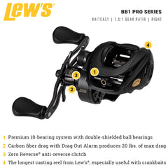 Lew's BB1 Pro baitcast reel right-hand side with 10 bearing system