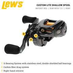 Close-up of 7.5:1 gear ratio on Lew's Custom Lite SS baitcast reel