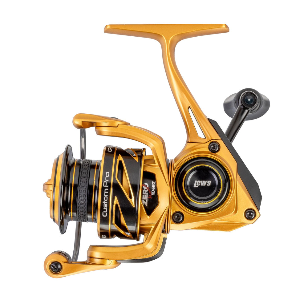 Lew's Custom Pro 100 spinning reel front angle highlights smooth cranking and reliable performance