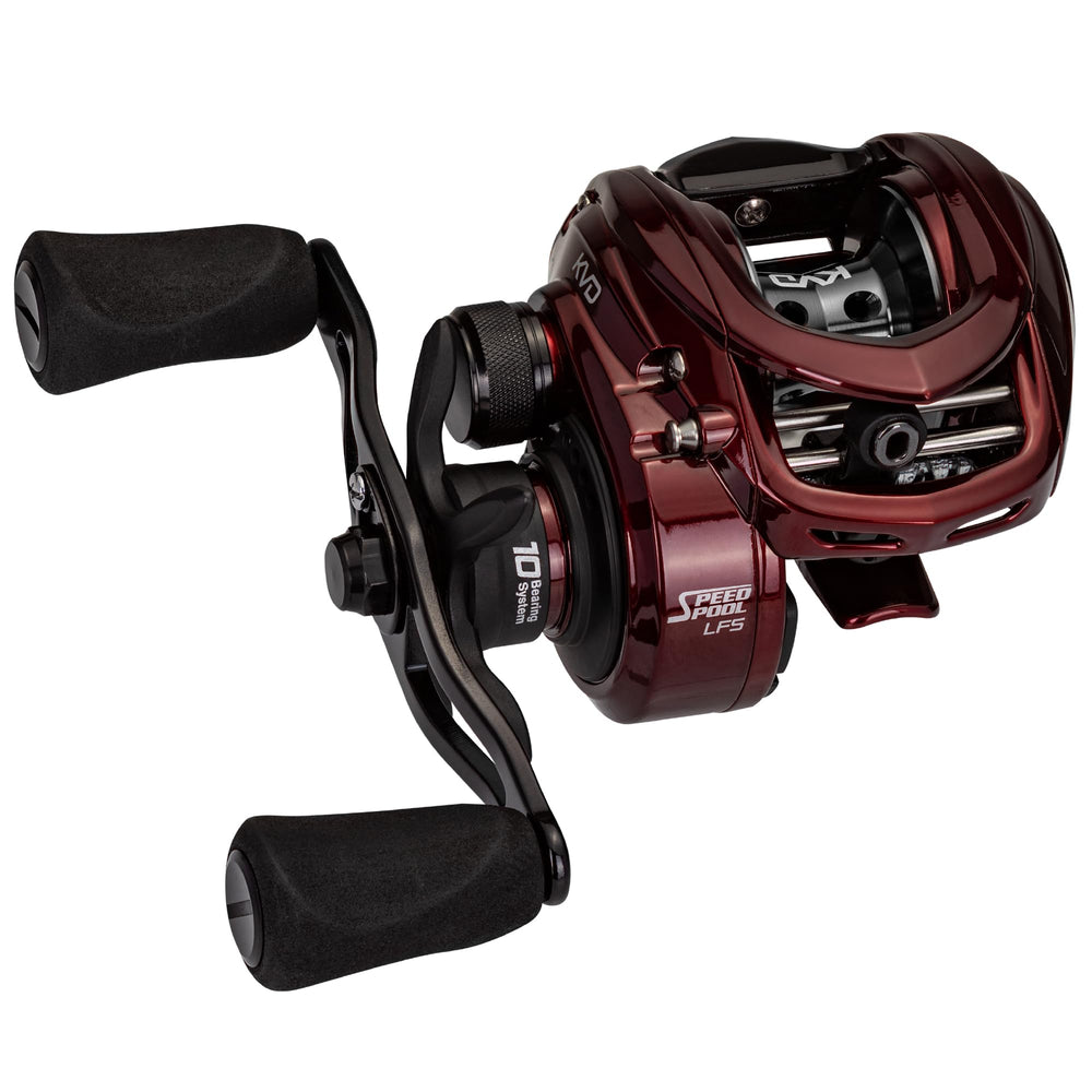 Lew's KVD 6.2:1 right-hand baitcast reel maroon - aluminum frame close-up