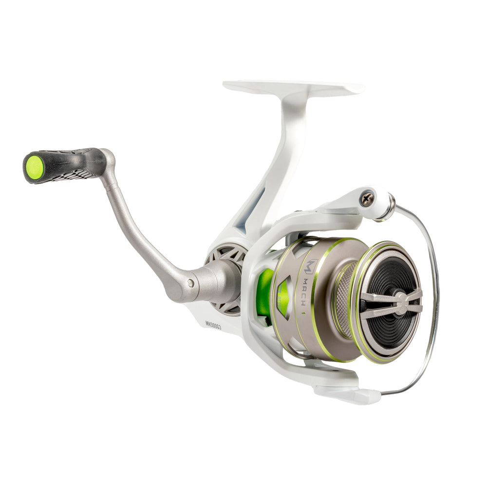 Lew's MACH 1 300 spinning reel front view highlights lightweight graphite frame for smooth retrieves.