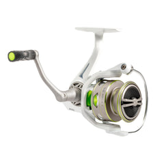 Lew's MACH 1 300 spinning reel front view highlights lightweight graphite frame for smooth retrieves.