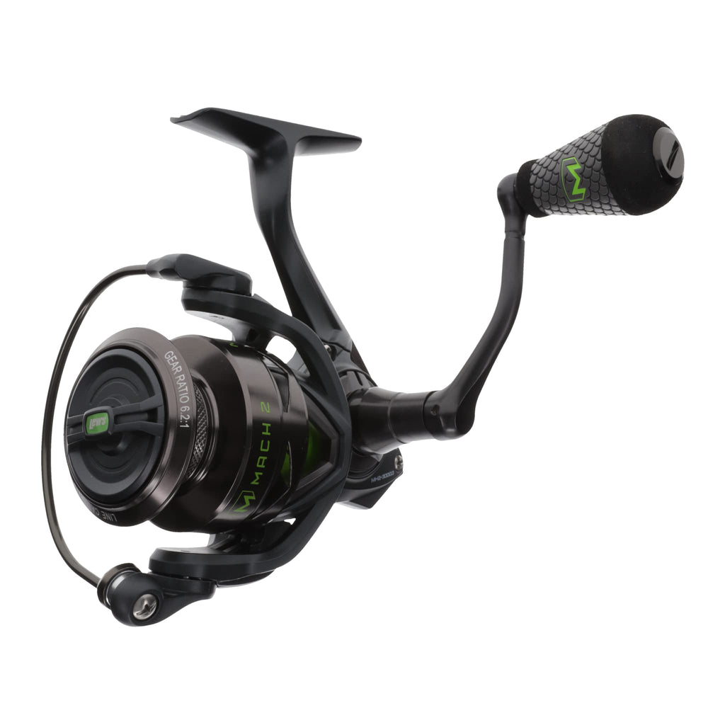 Lew's MACH 2 spinning reel in black and green with aluminum frame