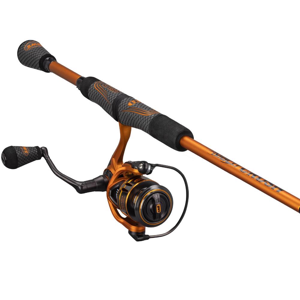 Lew's Mach Crush 30 Spin 7ft orange rod with ergonomic grip for all-day comfort.
