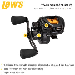 Close-up of Lew's Pro SP Baitcast Reel 7.5:1 gear ratio