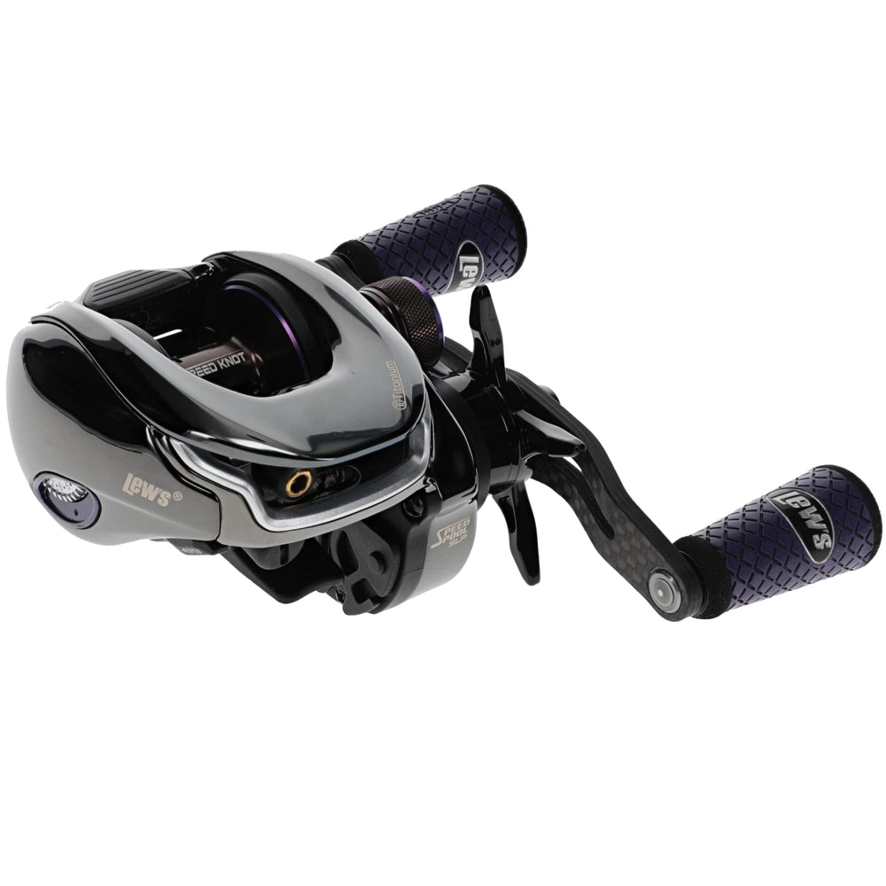 Lew's Pro Ti Baitcast Reel Gen 2 – left-hand retrieve, titanium gray and purple finish
