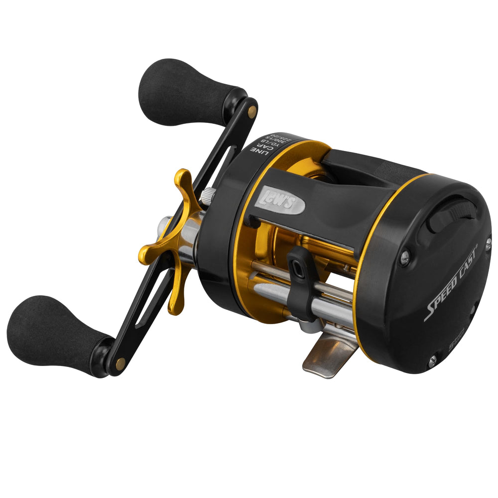 Lew's Speed Cast 5.3:1 right hand baitcasting reel in black and gold, angled view