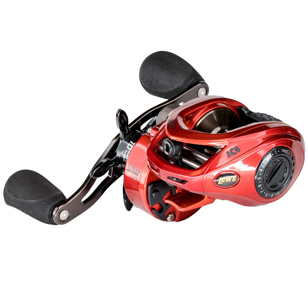Lew's HyperSpeed Series Baitcast Reel in red with right-hand retrieve