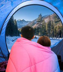 LH Outdoor Puffy Camping Blanket showing waterproof nylon exterior for rain protection.