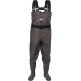 LHG fishing waders front view highlights rugged two-ply nylon construction for water resistance.