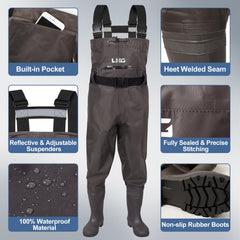 LHG fishing waders pocket-details shows flip-out chest pocket for quick storage.