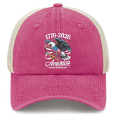 liabiliies America 250th Anniversary hat front view; pink washed denim, stylish casualwear.