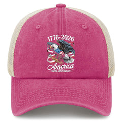 liabiliies America 250th Anniversary hat front view; pink washed denim, stylish casualwear.