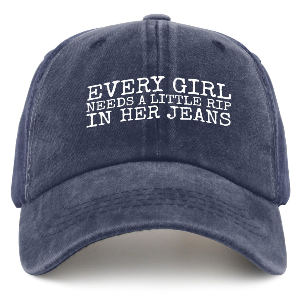 Liabiliies Every Girl Rip In Her Jeans hat front view showing breathable denim perfection for sunny days