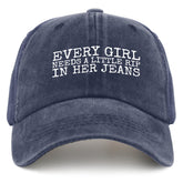 Liabiliies Every Girl Rip In Her Jeans hat front view showing breathable denim perfection for sunny days