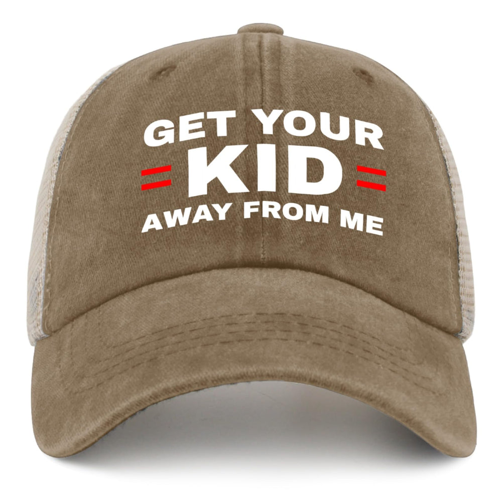 liabiliies Get Your Kid Away from Me hat, front denim view, breathable design for hot days.