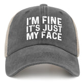 Liabiliies I'm Fine Its Just My Face Trucker Hat in washed denim gray offers breathable comfort for sunny days.