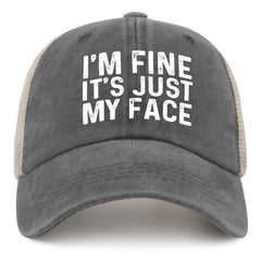 Liabiliies I'm Fine Its Just My Face Trucker Hat in washed denim gray offers breathable comfort for sunny days.