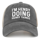 Liabiliies Im Henry Doing Henry Things hat front view, breathable washed denim for everyday wear