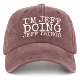 Liabiliies I'm Jeff Doing Jeff Things hat front view in wine red for casual dad style