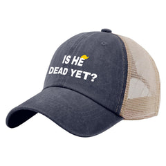 Liabiliies Is He Dead Yet Hat front view with breathable mesh for summer comfort.