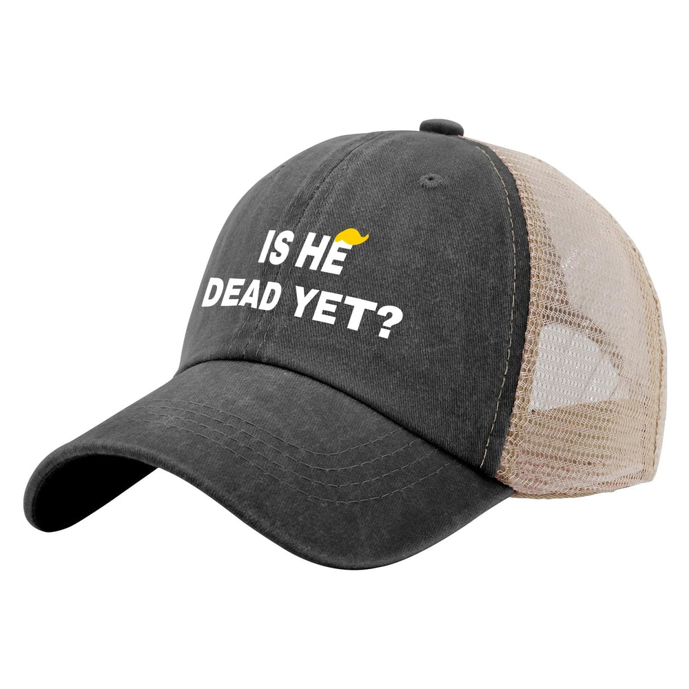 Liabiliies Is He Dead Yet Hat front view in retro washed denim mesh for casual wear