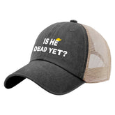 Liabiliies Is He Dead Yet Hat front view in retro washed denim mesh for casual wear