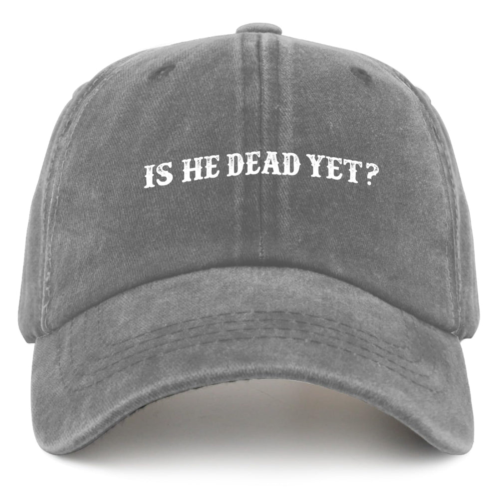Liabiliies Is He Dead Yet Hat front view showing retro denim and breathable mesh for comfort