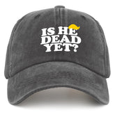 liabiliies Is He Dead Yet Hat front view, lightweight washed denim cap ideal for summer