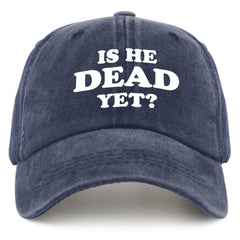 liabiliies Is He Dead Yet Hat front view, navy blue, breathable mesh for summer comfort
