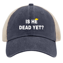 Liabiliies Is He Dead Yet Hat side view highlights retro denim texture.