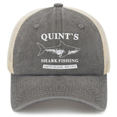 Liabiliies Quints Shark Fishing Amity Island hat front view, denim texture, classic cap silhouette.