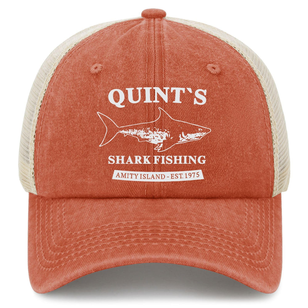 Liabiliies Quints Shark Fishing Amity Island EST 1975 hat front view highlighting breathable cotton