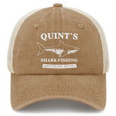 Liabiliies Quints Shark Fishing Amity Island hat front view in washed denim for comfort