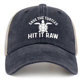 Liabiliies Save The Turtles navy trucker hat front view for casual sun protection