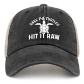Liabiliies Save The Turtles trucker hat front view with vintage denim finish, ideal for casual summer outings.