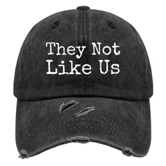 Liabiliies They Not Like Us hat front view with washed denim texture for casual summer styling