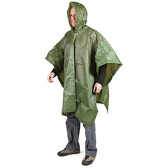 Liberty Mountain vinyl poncho in Military Green provides portable rain protection for outdoor use.