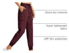 Libin women's cargo joggers wine red quick-dry fabric close-up