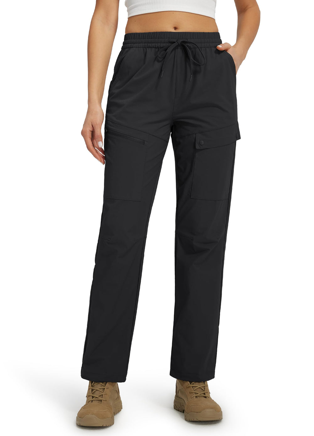 Libin women's hiking pants closeup of elastic waistband with drawstring for secure fit and comfort.