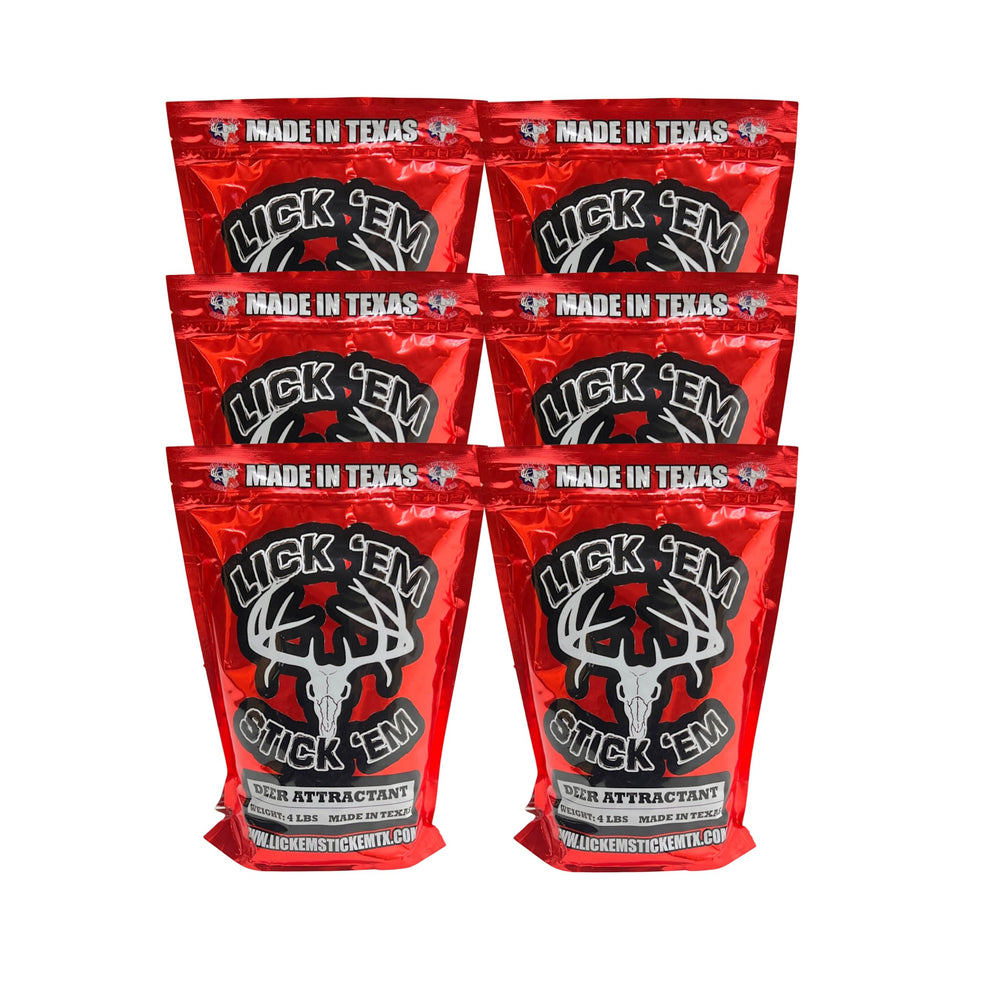 Lick Em Stick Em deer attractant 4lb bag close-up for year-round hunting appeal.